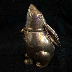 Vintage Solid Brass Gilt Garden Moon Gazing Rabbit Sculpture, 6 inches tall